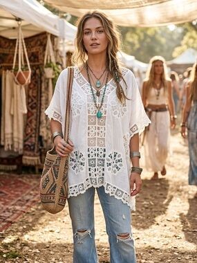 Indie Boho 100% Cotton Crochet Lace Panel V-Neck Festival Poncho Top-White - M